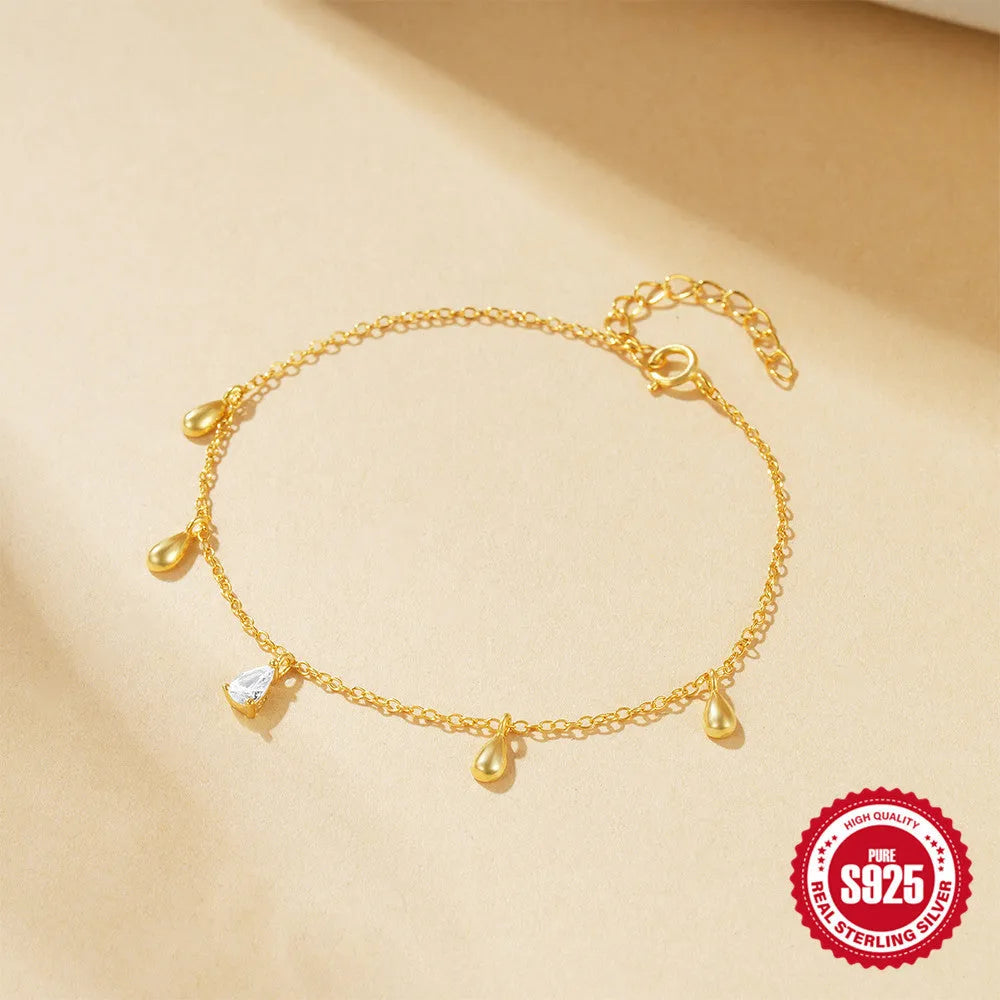 Gold colour S925 sterling silver bracelet with water drop diamond pendant geometric design