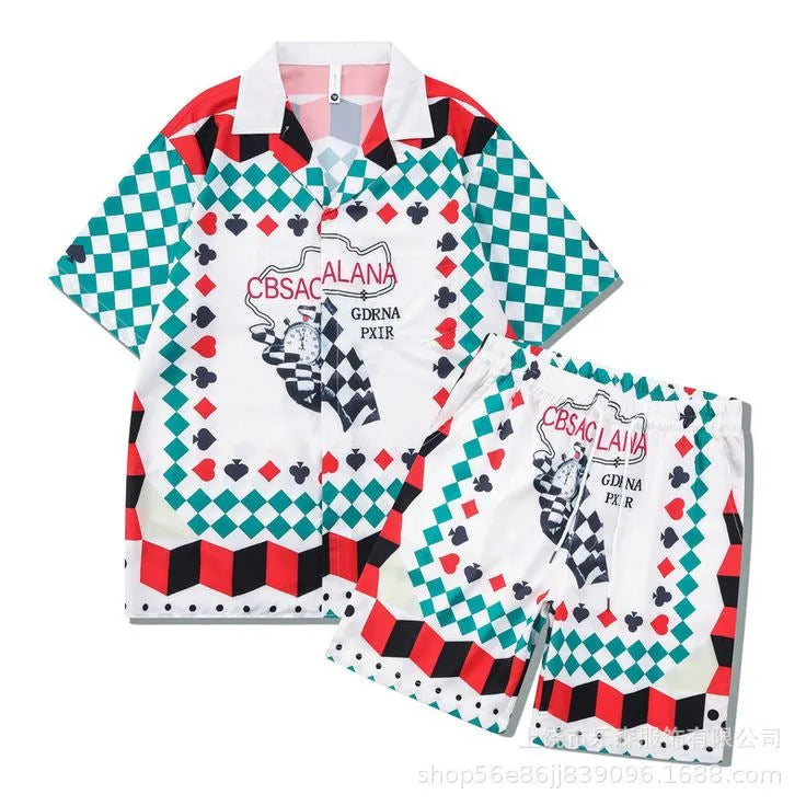 Plaid pattern beach shirt outfit set with matching trousers for men and women