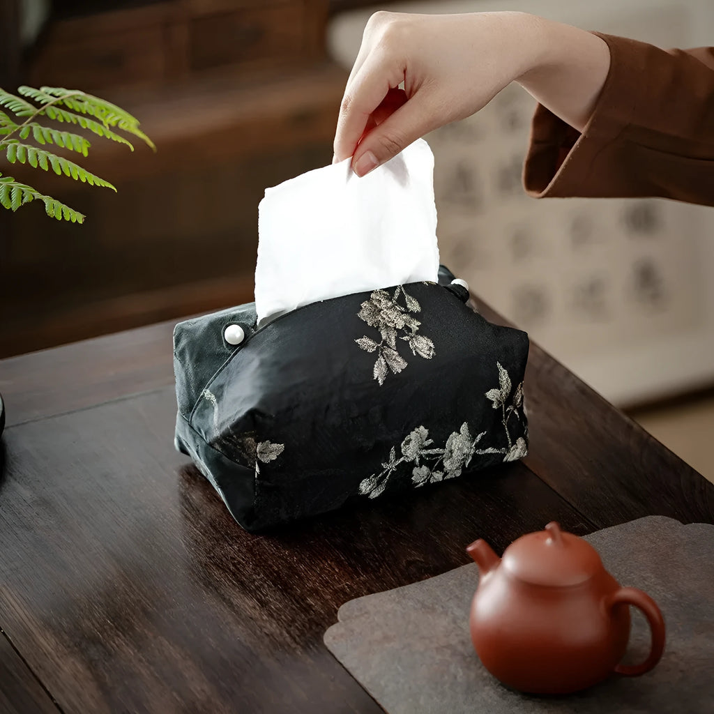 White plum embroidered New Chinese style cloth tissue box cover with pearl buckle option.