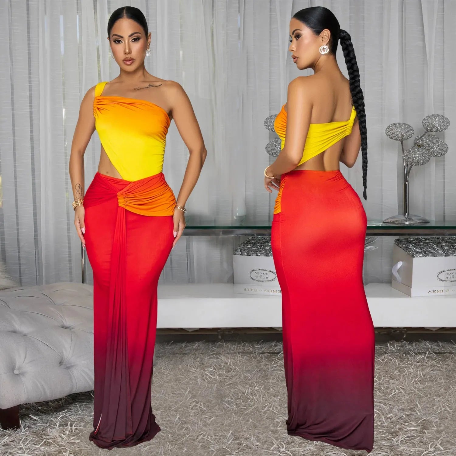 Women's brown gradient summer dress with cross-shoulder design and high waist.