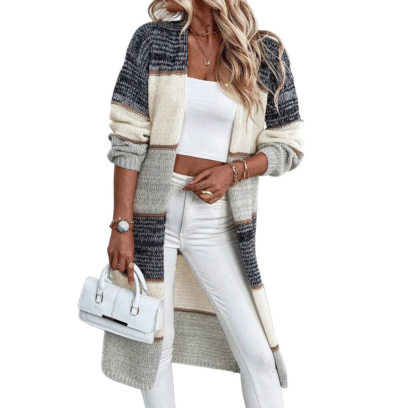 Grey women's knitted long cardigan with loose fit and stripe pattern