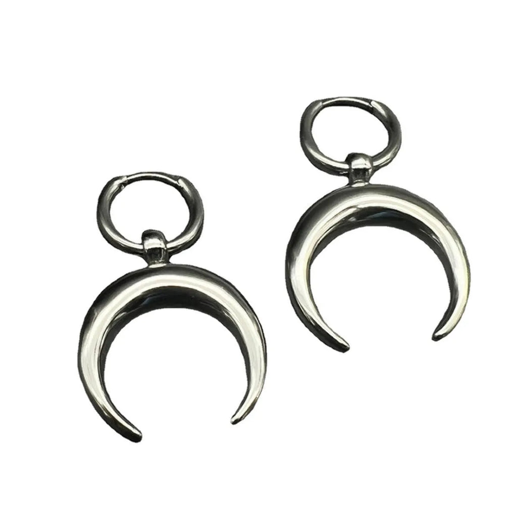 Silver geometric hoop earrings with moon detail, clip-on vintage gothic punk jewellery