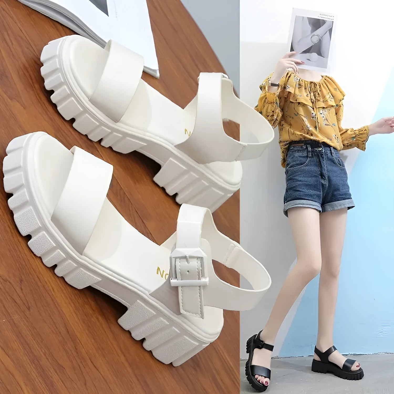 Women's beige peep toe platform sandals with an adjustable ankle-strap buckle closure.