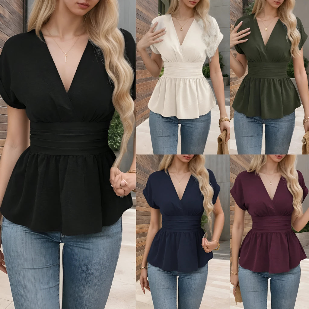 Women's V-neck polyester top with waist pleating in five colour options