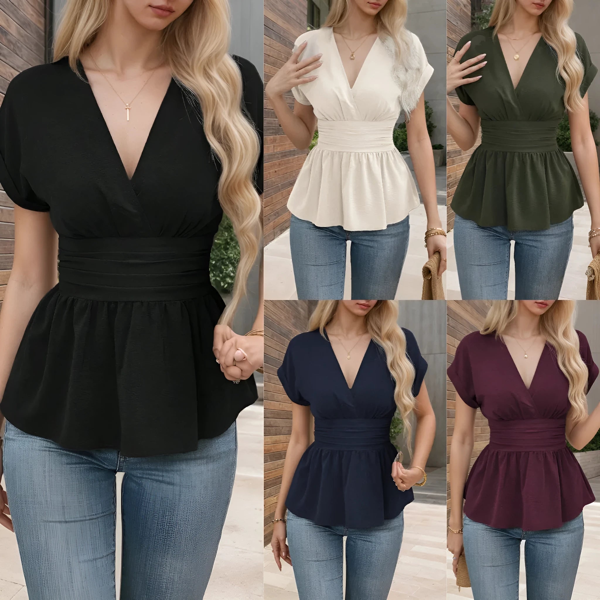 Women's V-neck polyester top with waist pleating in five colour options