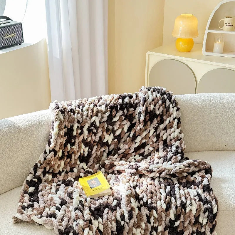 Handmade striped chenille cover blanket in caramel mango colour showing texture and size.