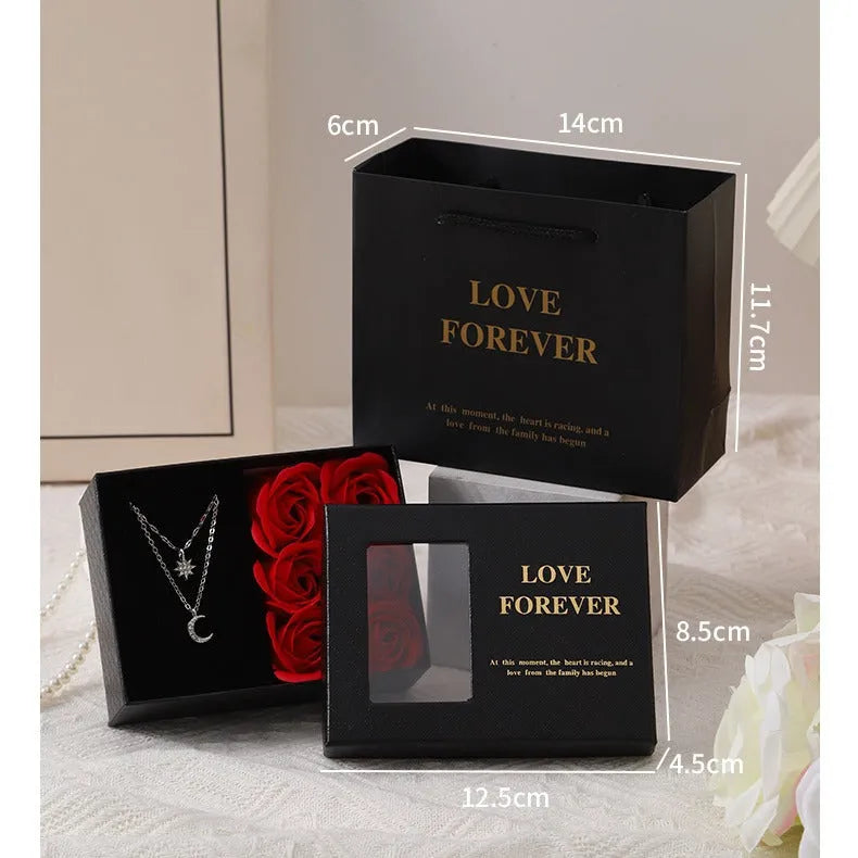 Korean style soap flower gift bouquet in presentation box with handbag in red, pink, or black.