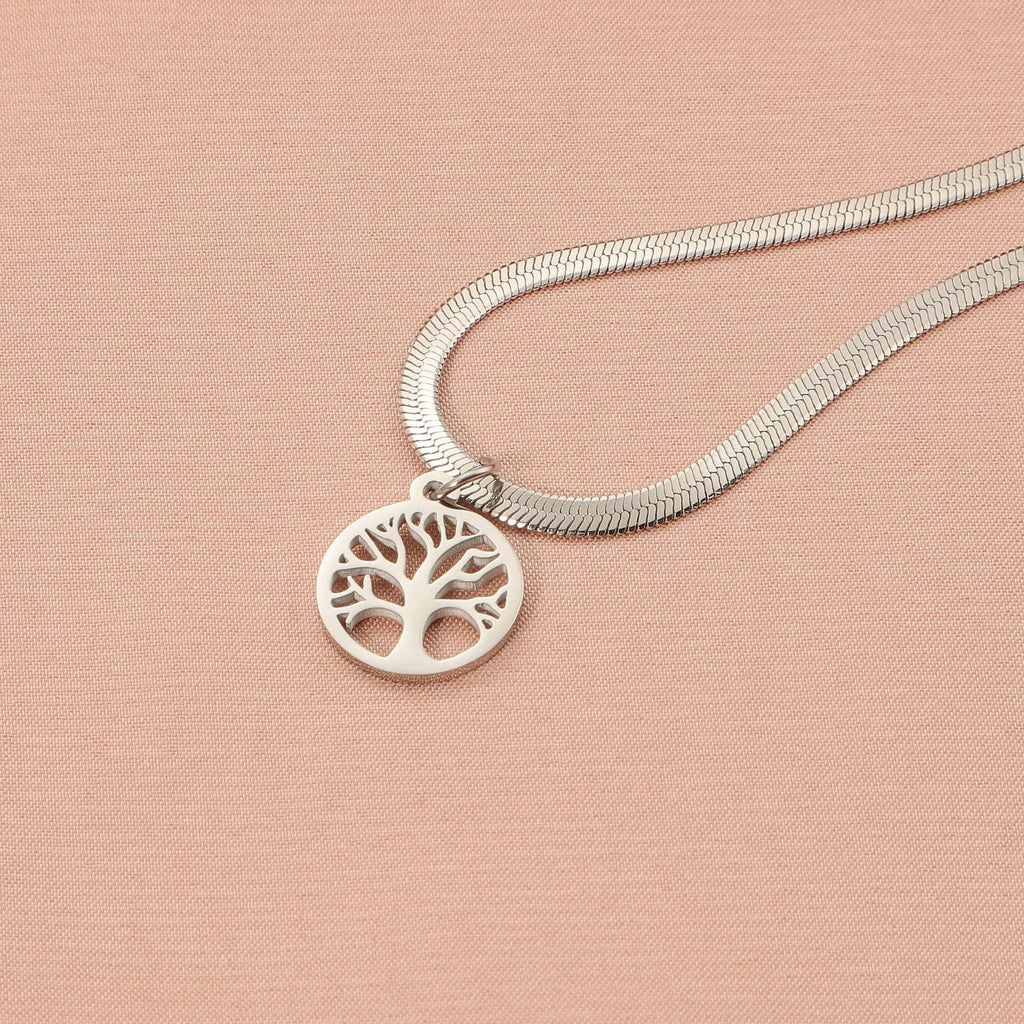 Adjustable tree pendant necklace with snake bones chain in gold or steel finish