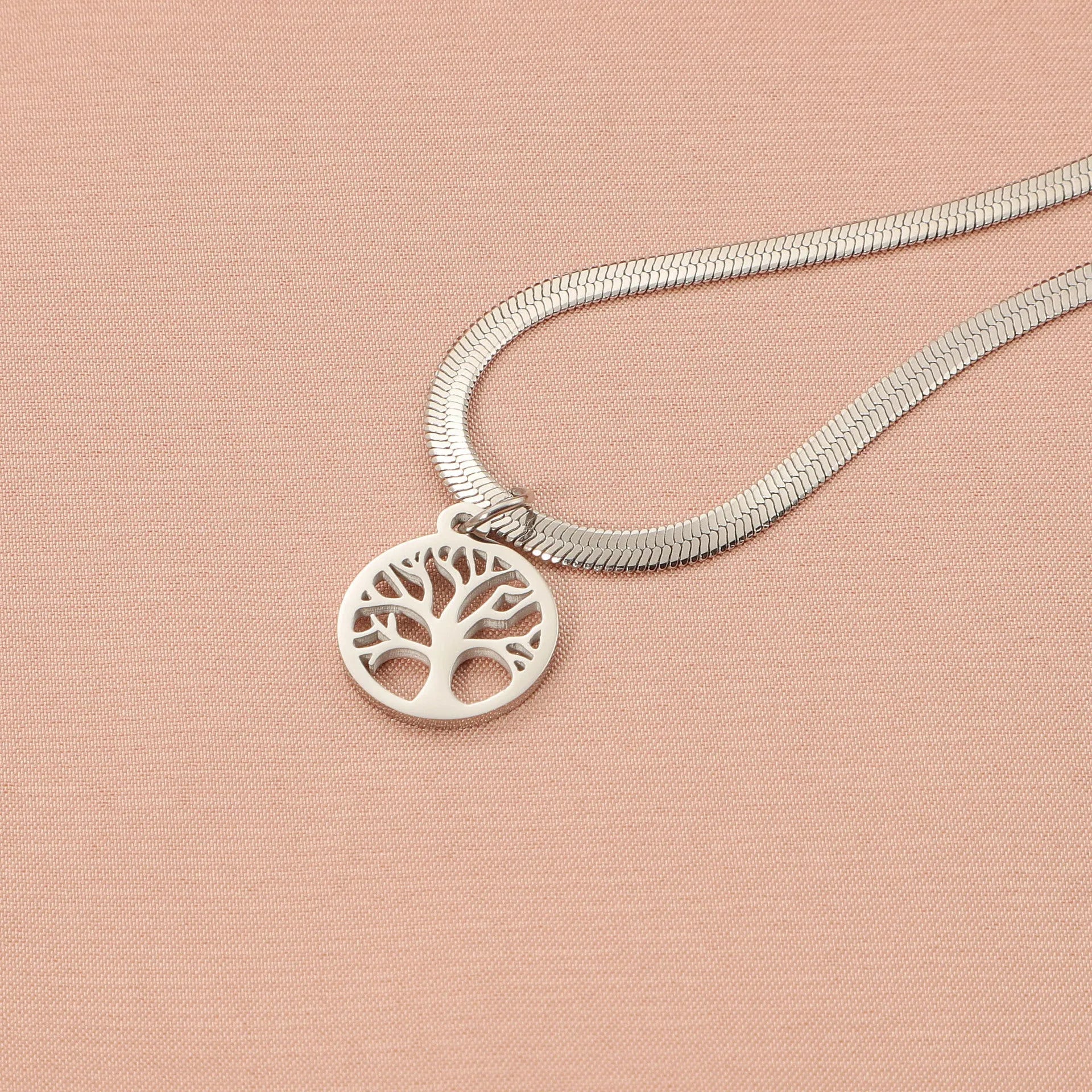 Adjustable tree pendant necklace with snake bones chain in gold or steel finish