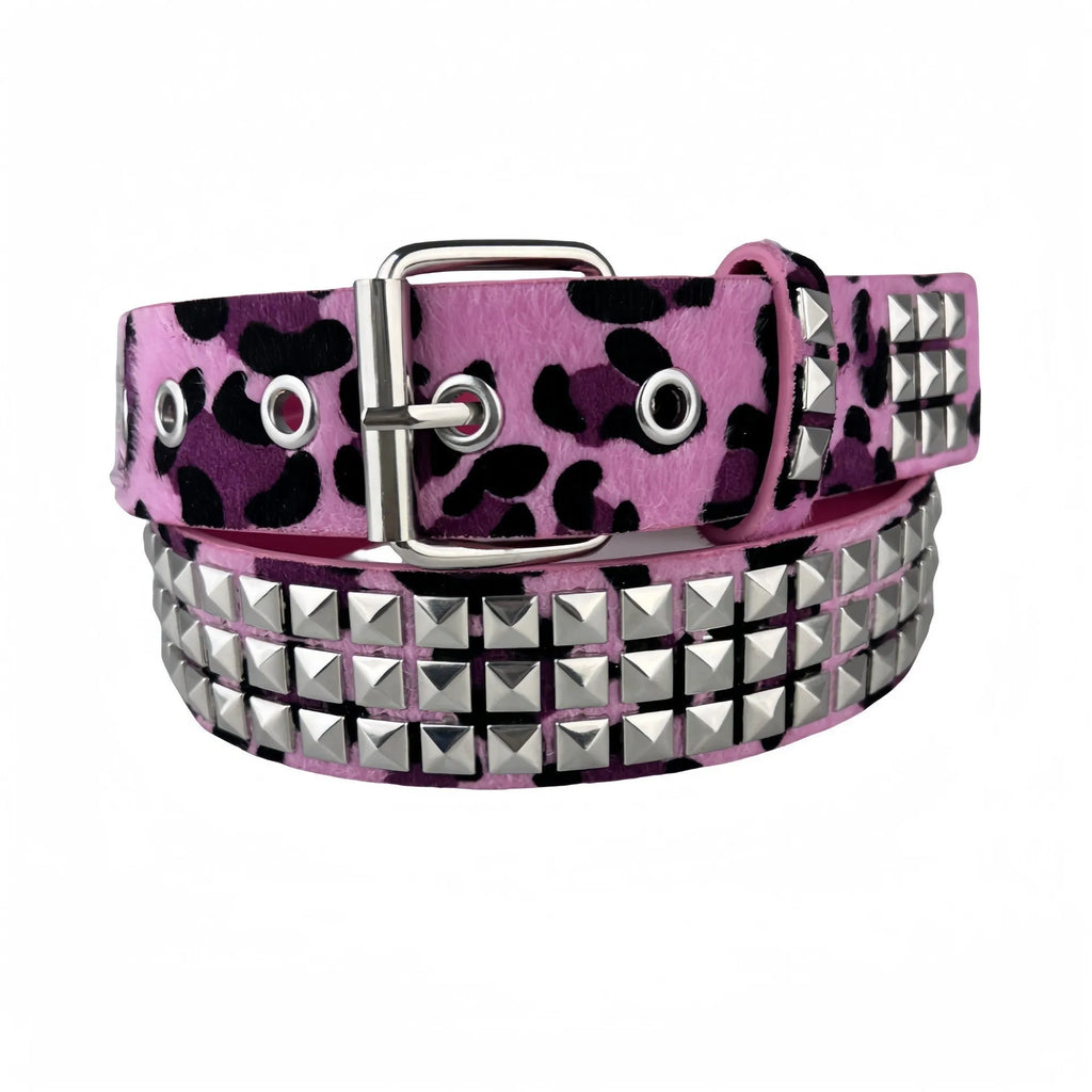 Punk women's brown leopard print belt with metal rivets and an alloy pin buckle.