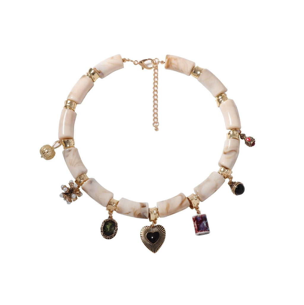 Bamboo resin heart-shaped pendant necklace with electroplated metallic finish on adjustable chain