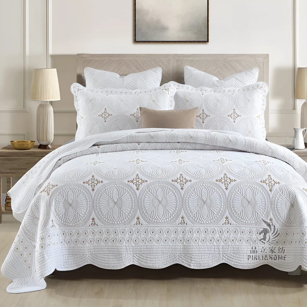 European-style embroidered cotton bed cover set for 1.8 metre beds with matching pillowcases