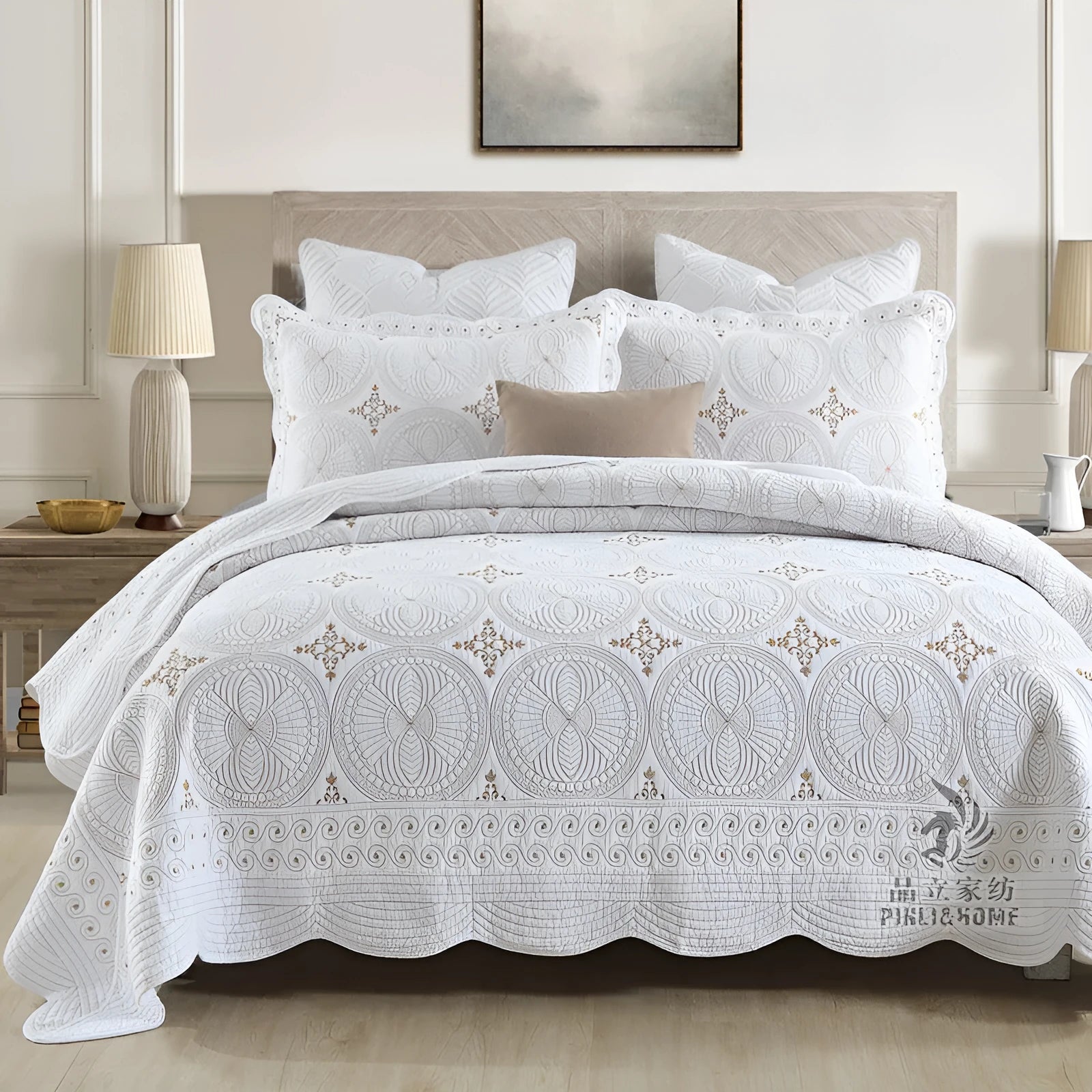 European-style embroidered cotton bed cover set for 1.8 metre beds with matching pillowcases