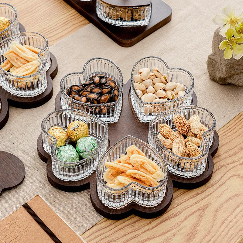 Transparent glass snack platter with heart-shaped lid showing 4-grid tray option in retro style.