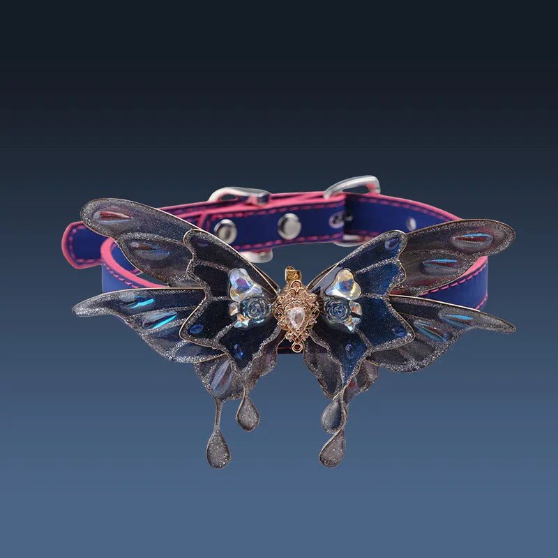 Purple temperature change butterfly rhinestone collar necklace with colour-changing alloy pendant
