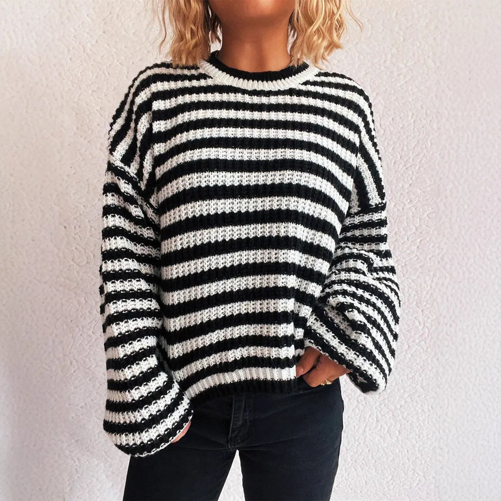 Women's vintage stripe knitted pullover sweater with round neck and long sleeves