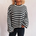 Women's vintage stripe knitted pullover sweater with round neck and long sleeves