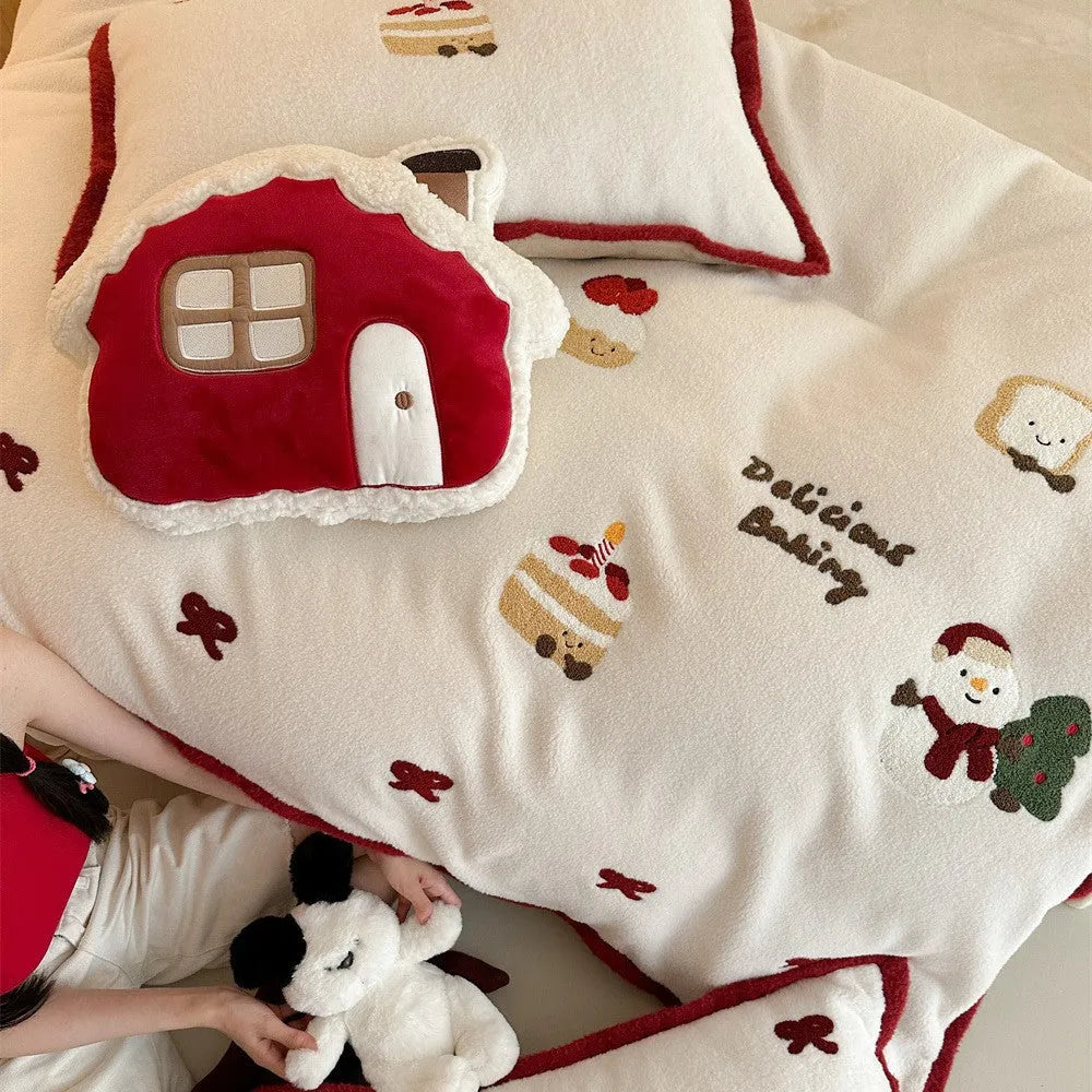 Cartoon Christmas four-piece bedding set with Xuefu Milk Pastry pattern on polyester fabric
