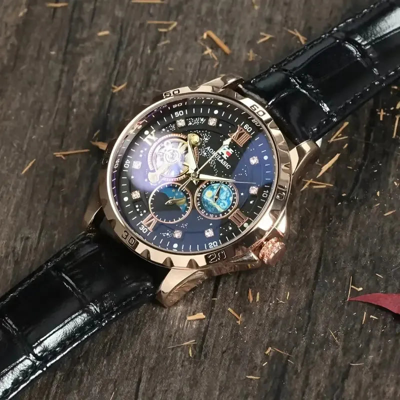 Men's black and rose gold automatic skeleton watch with a large dial and brown leather strap.