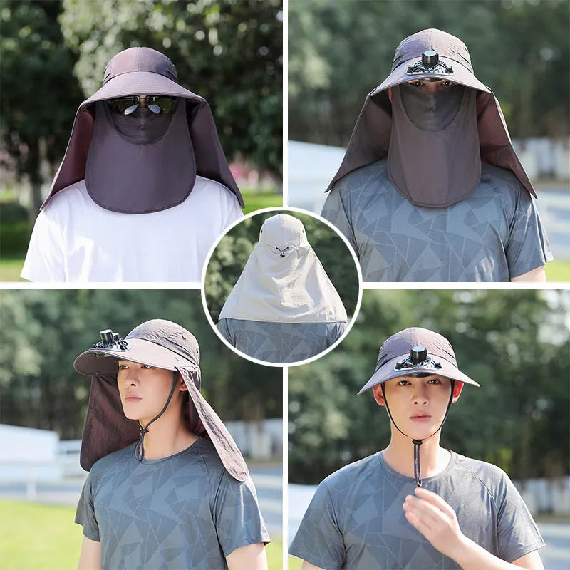 Men's sun protection hat with USB fan and integrated neck shawl in khaki colour