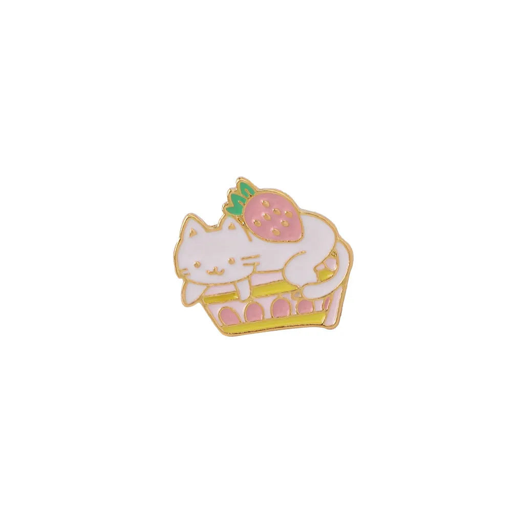 Alloy metal brooch with cat strawberry cake and dripping oil design in five colour options