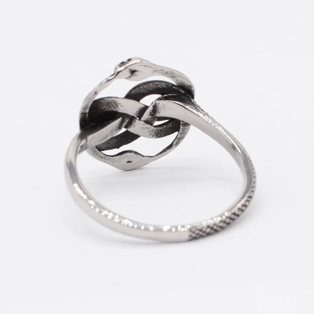 Titanium steel double snake ring in steel colour with retro design on size chart showing EU 6-13