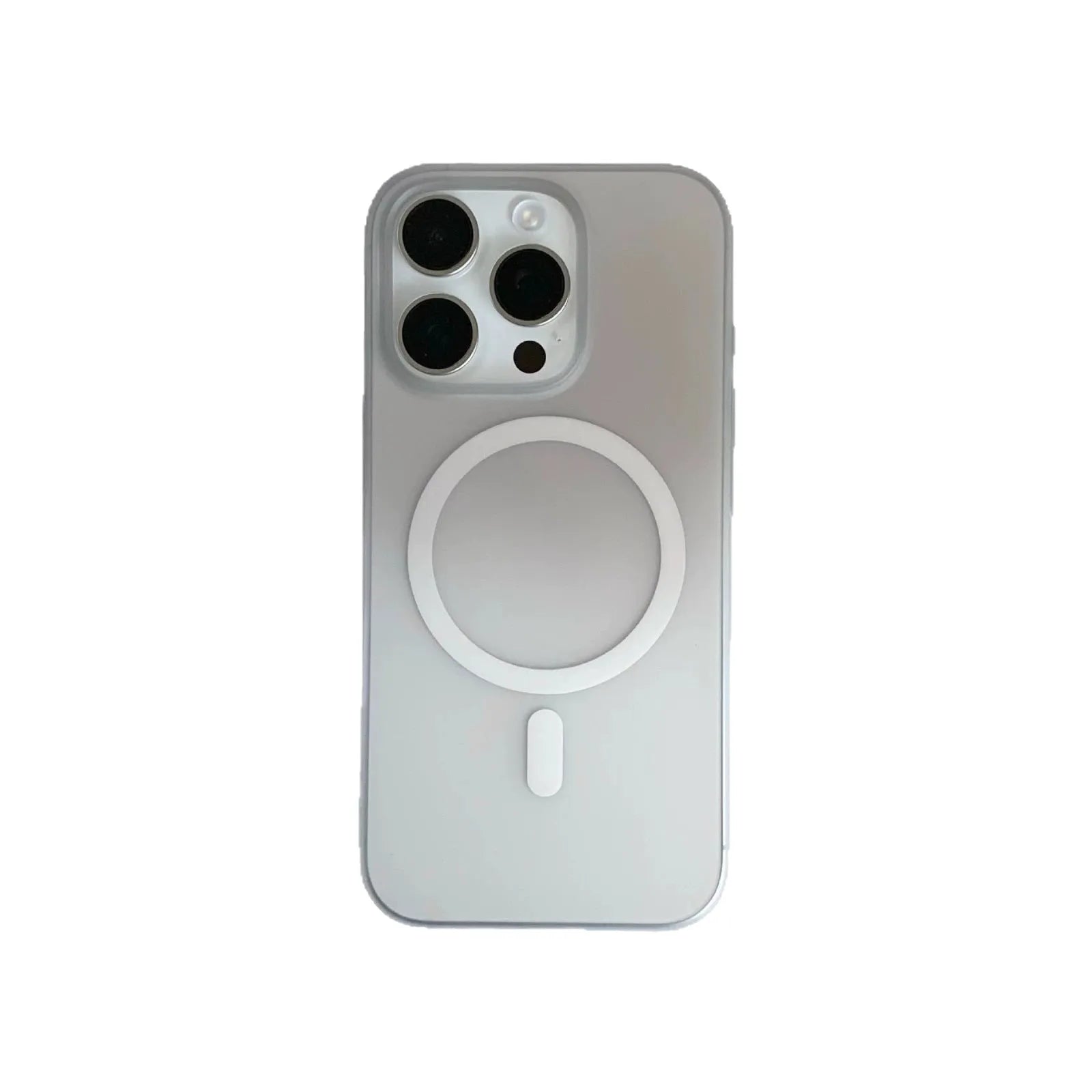 Gradient frosted magnetic suction case for iPhone on a table, showing ultra-thin profile and colour blend.