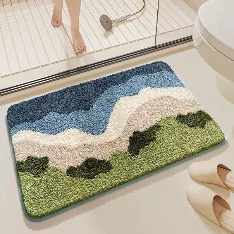 Square imitation cashmere carpet mat with Rainbow pattern and plastic dirt-resistant bottom.