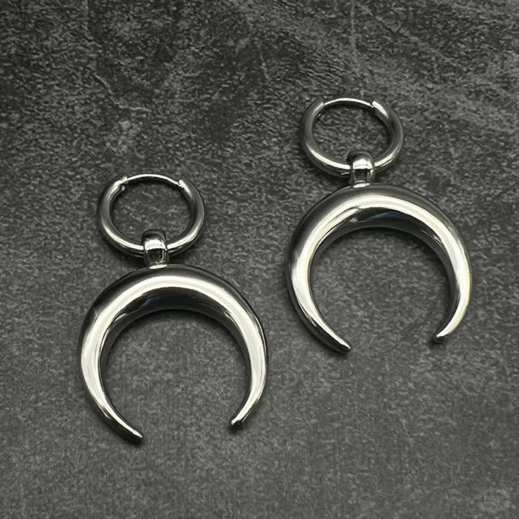 Silver geometric hoop earrings with moon detail, clip-on vintage gothic punk jewellery