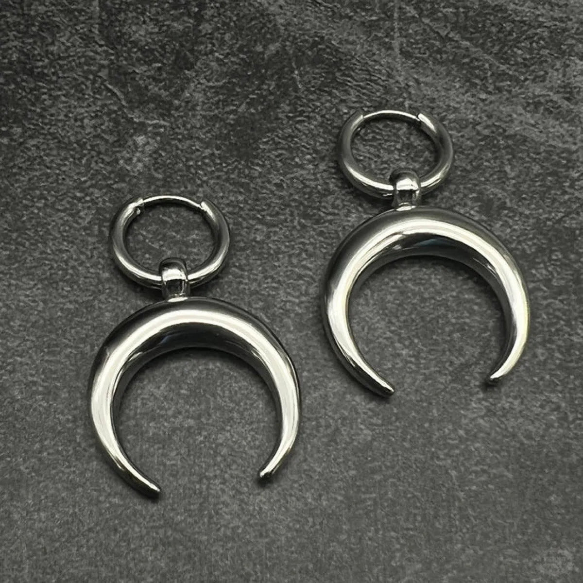 Silver geometric hoop earrings with moon detail, clip-on vintage gothic punk jewellery