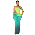 Women's brown gradient summer dress with cross-shoulder design and high waist.