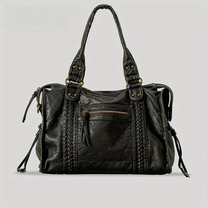 Women's French retro motorcycle style messenger bag in soft PU material with weaving detail