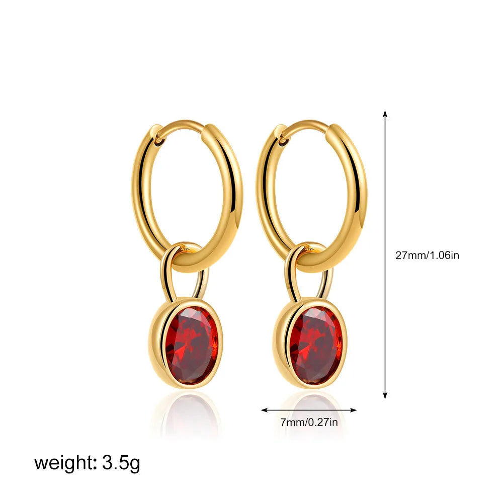 Close-up of women's retro oval zircon earrings in copper, showing the elliptical gemstone setting.