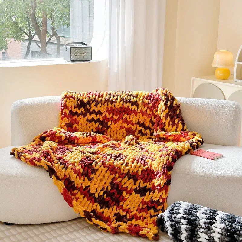 Handmade striped chenille cover blanket in caramel mango colour showing texture and size.
