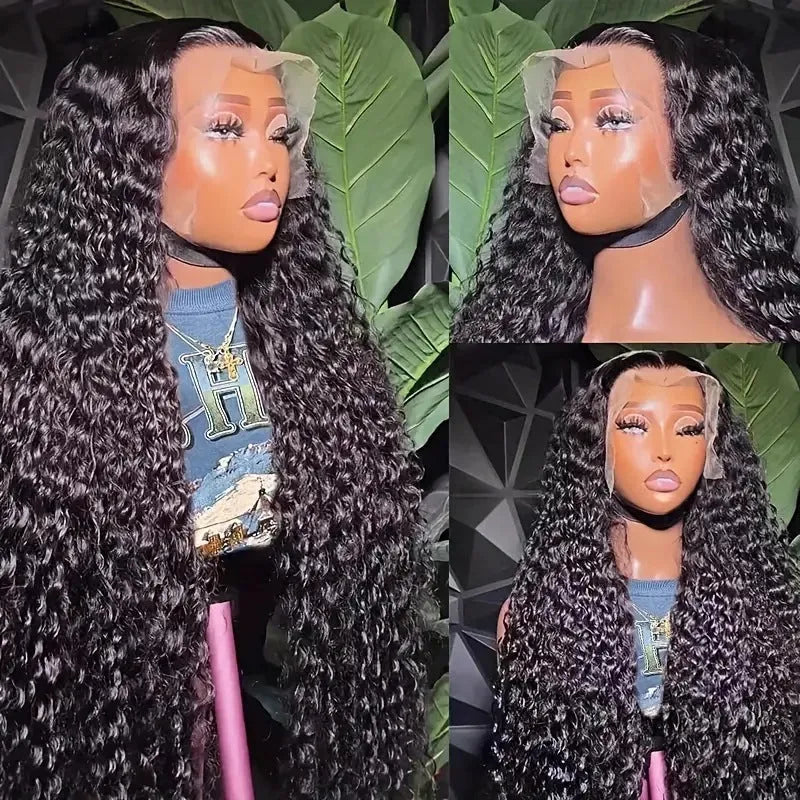 Women's long curly black synthetic lace wig with side bangs in small roll Afro style.