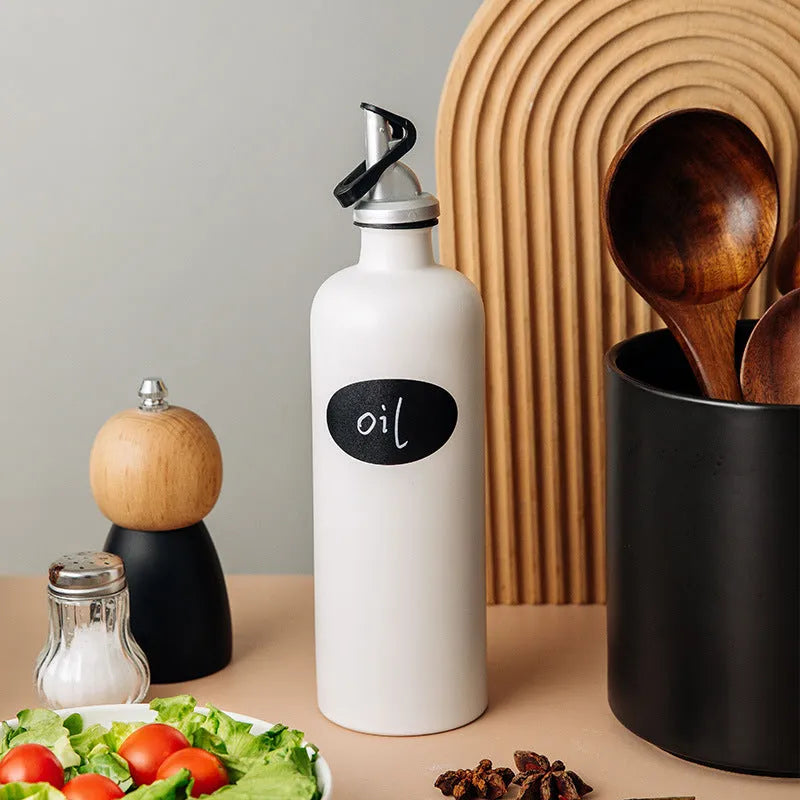 Ceramic oil pot with 650ml funnel and brush for kitchen oil storage in black, coffee, or white
