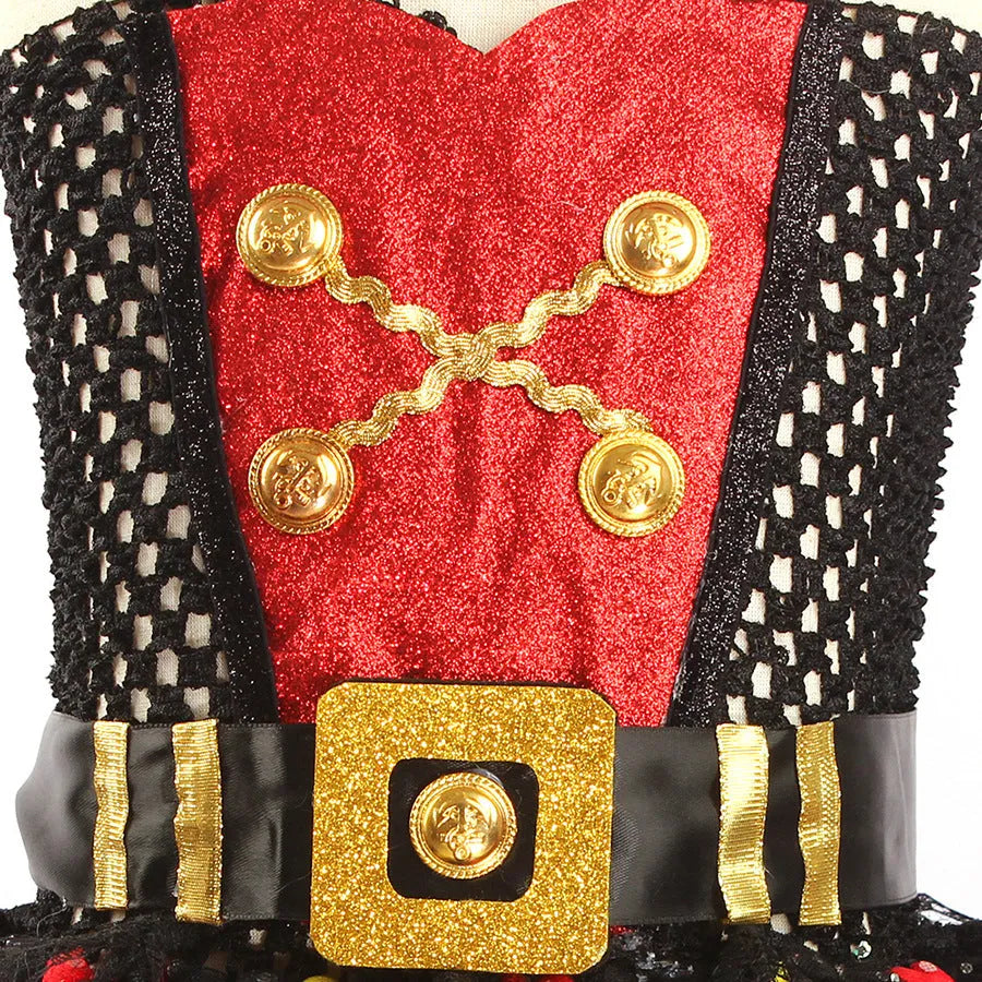 Girls sleeveless pirate costume dress with sequins and black gauze mesh overlay.