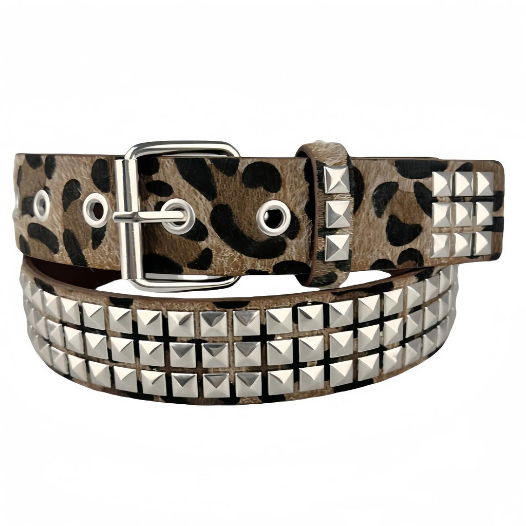 Punk women's brown leopard print belt with metal rivets and an alloy pin buckle.