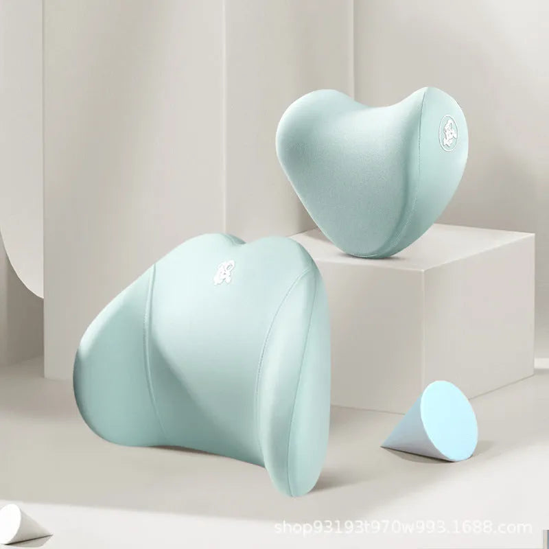 Heart-shaped memory foam car pillow set showing lumbar support and headrest pillow in grey colour with contrasting heart design