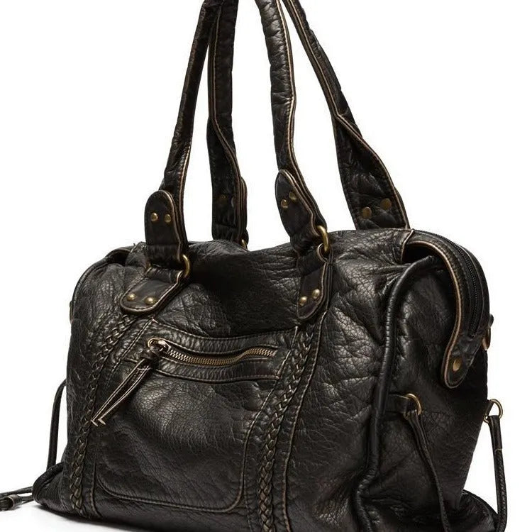 Women's French retro motorcycle style messenger bag in soft PU material with weaving detail