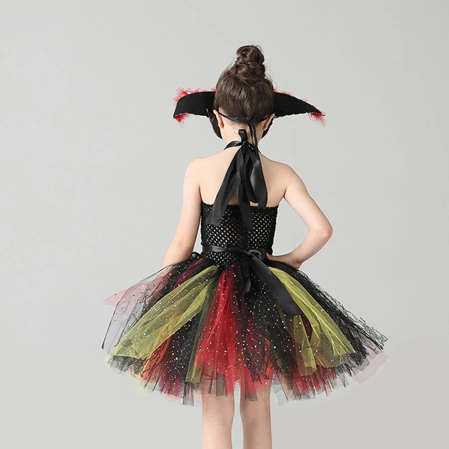Girls sleeveless pirate costume dress with sequins and black gauze mesh overlay.