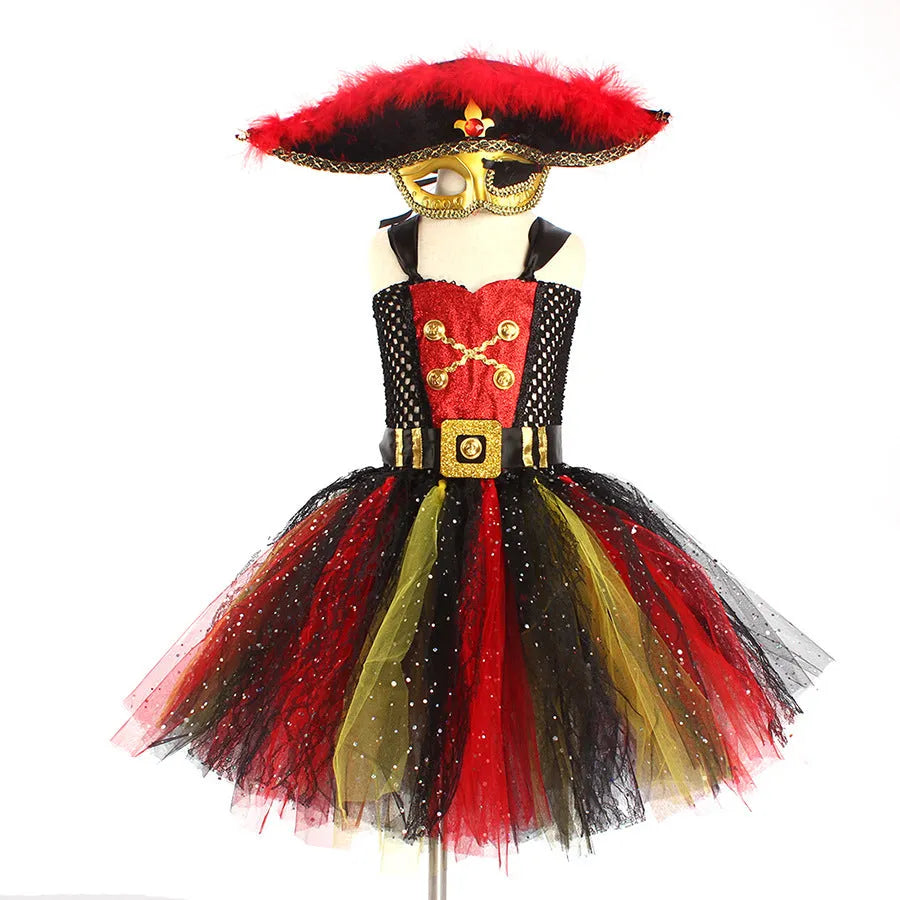 Girls sleeveless pirate costume dress with sequins and black gauze mesh overlay.
