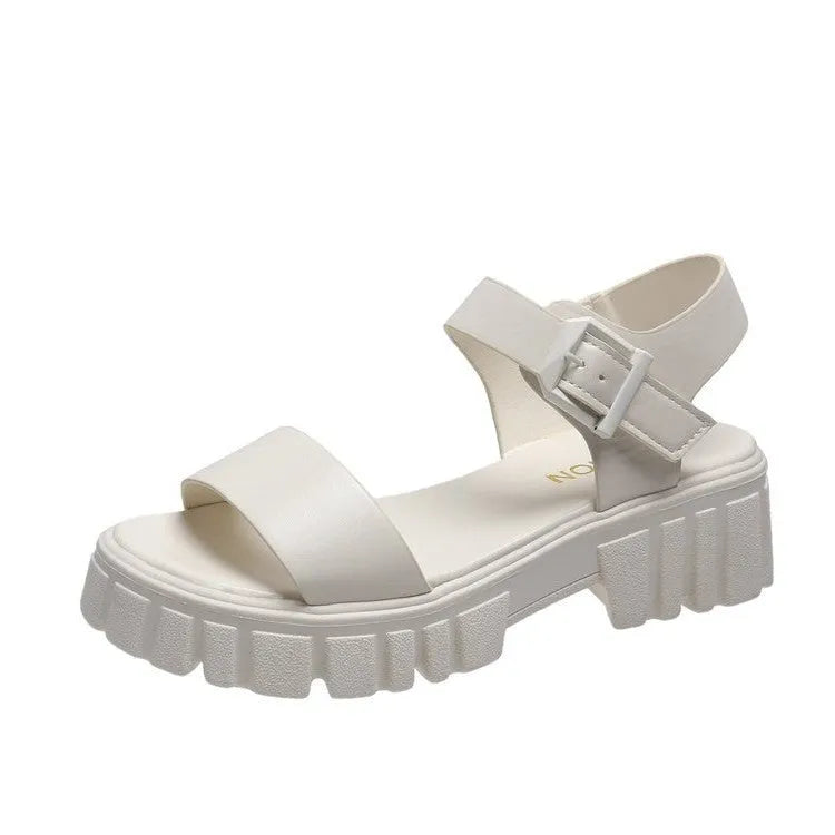 Women's beige peep toe platform sandals with an adjustable ankle-strap buckle closure.