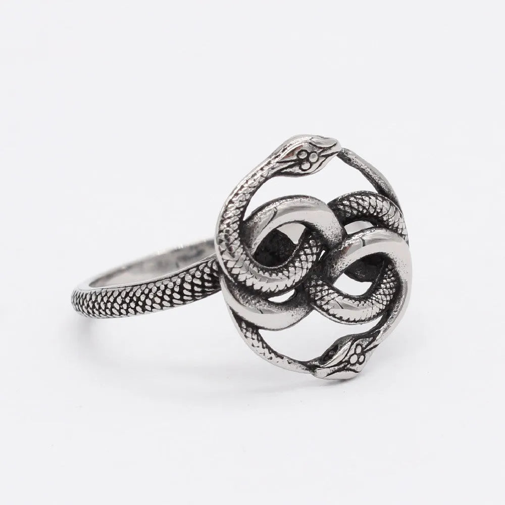 Titanium steel double snake ring in steel colour with retro design on size chart showing EU 6-13