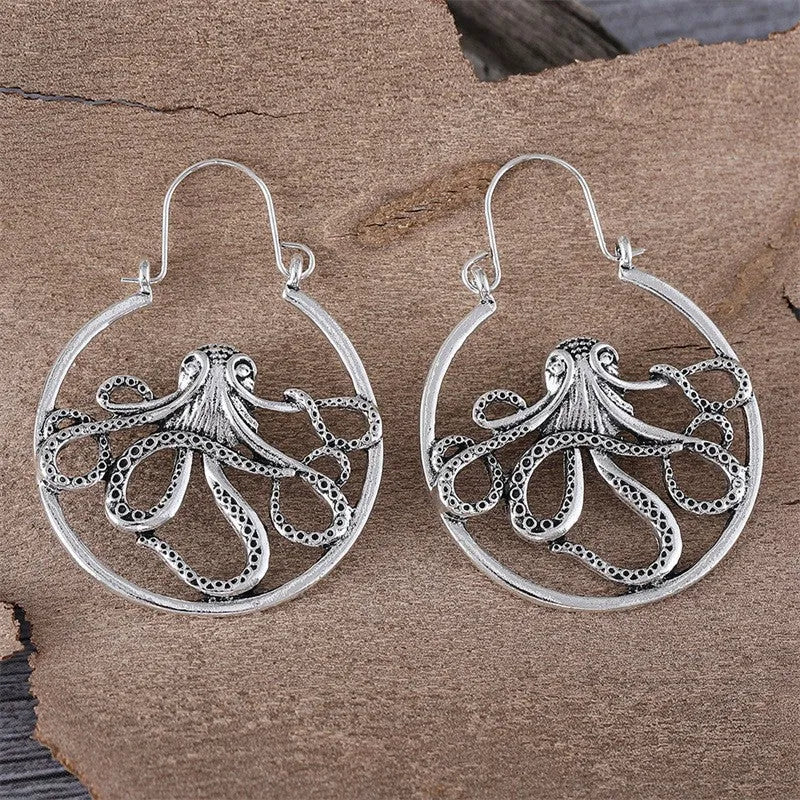 Vintage silver octopus earrings with zinc alloy construction and electroplated antique finish