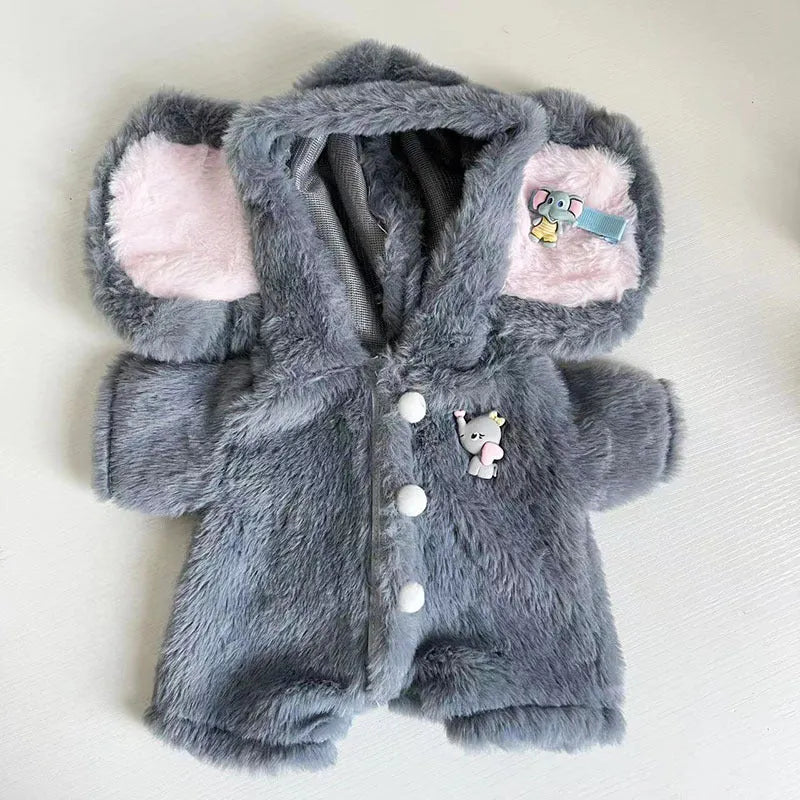 Grey elephant themed plush jumpsuit for a 30cm Lina Bear doll.