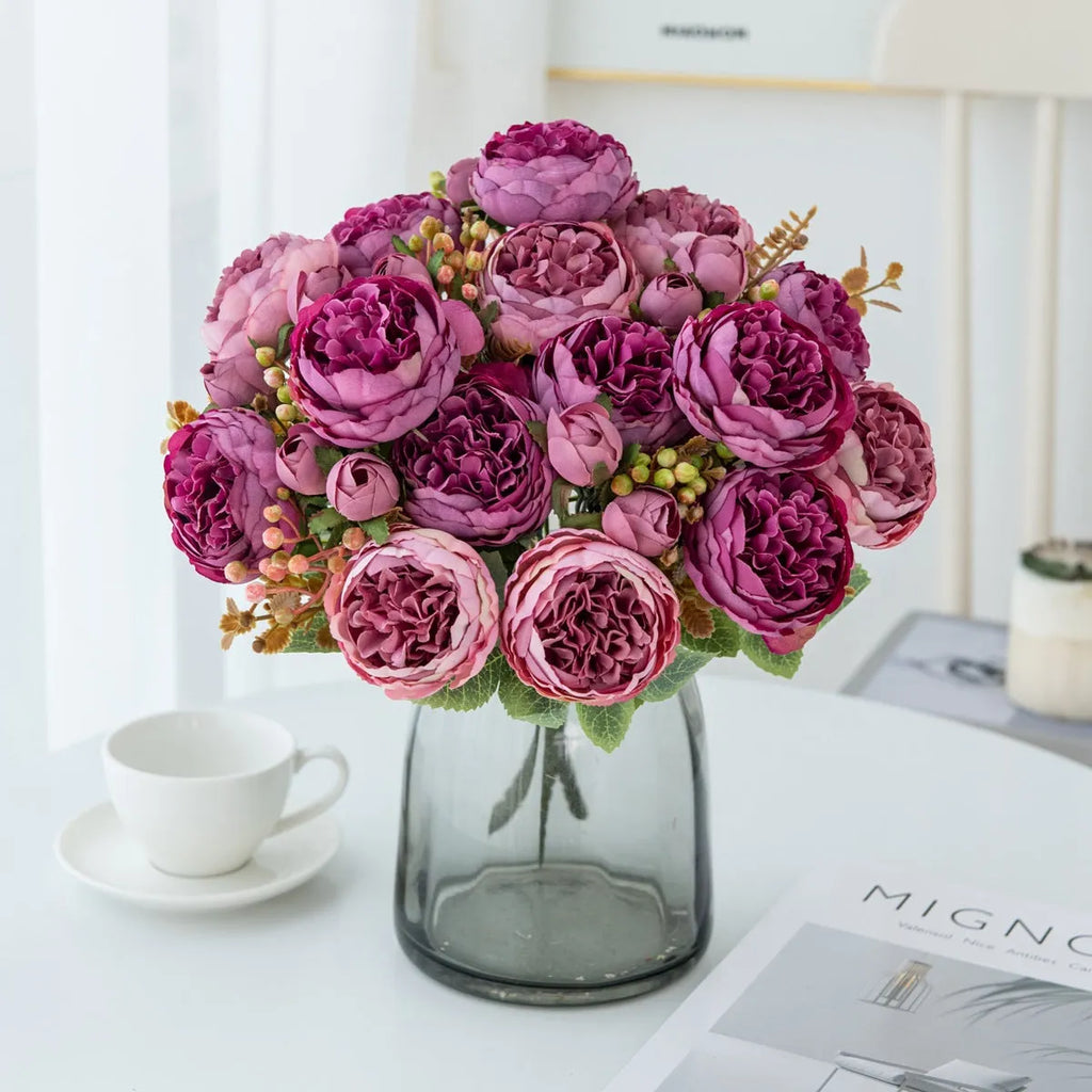 A silk artificial peony flower bouquet in a champagne colour, suitable for wedding or home decoration.