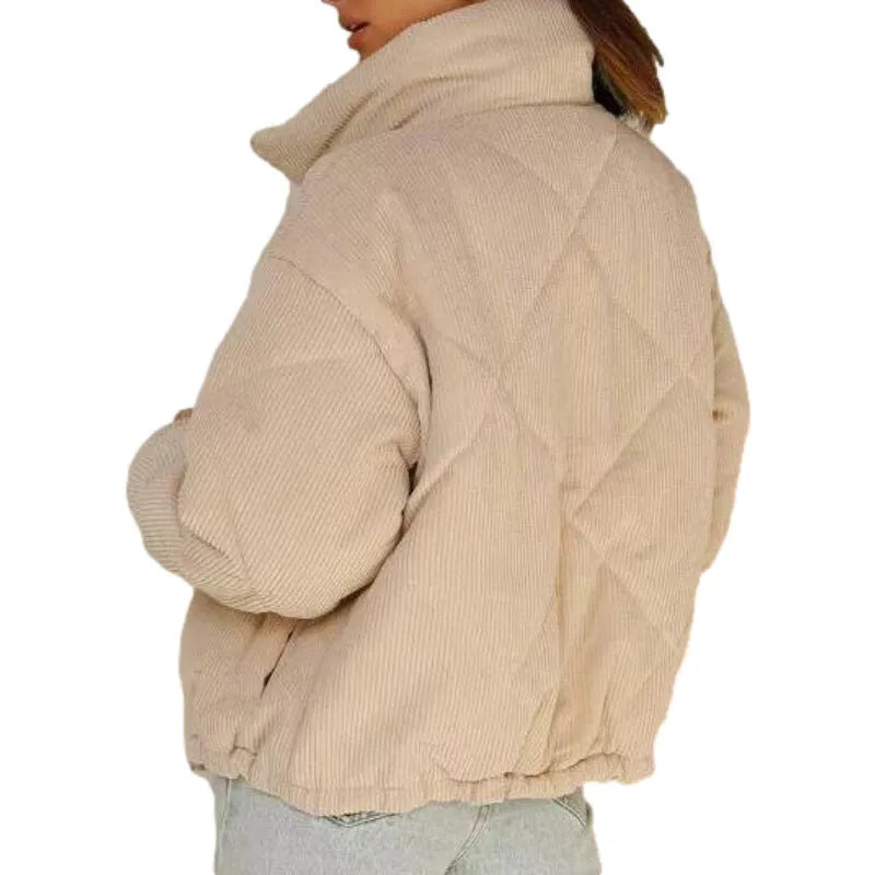 Apricot women's corduroy wadded jacket with a stand collar and front zip.
