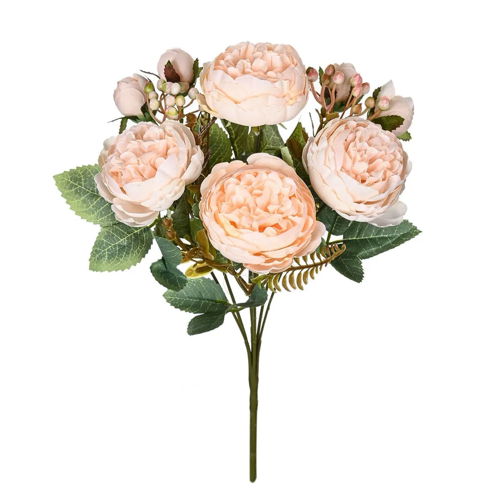 Artificial silk peony bouquet in champagne colour for home or wedding decor.
