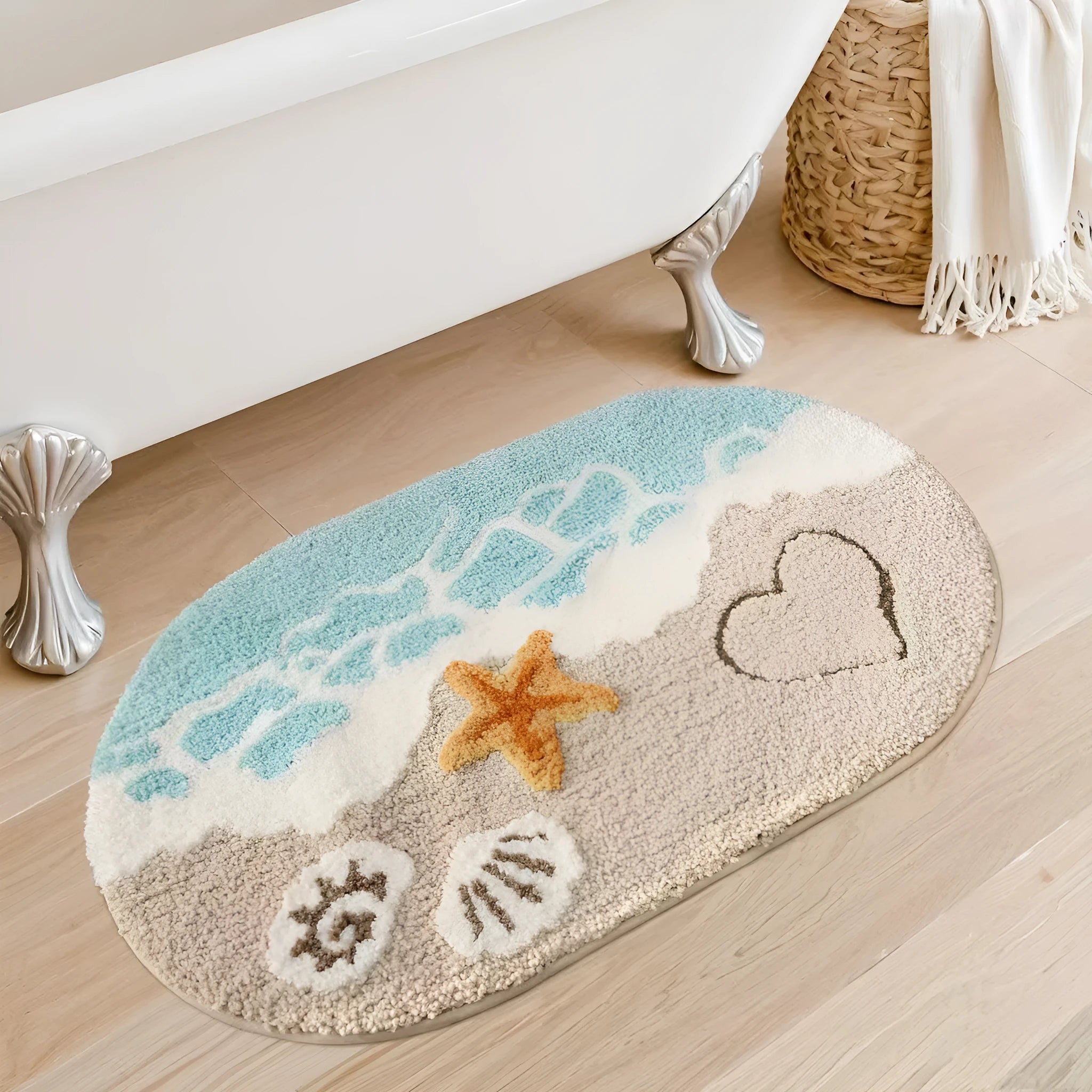Square imitation cashmere carpet mat with Rainbow pattern and plastic dirt-resistant bottom.